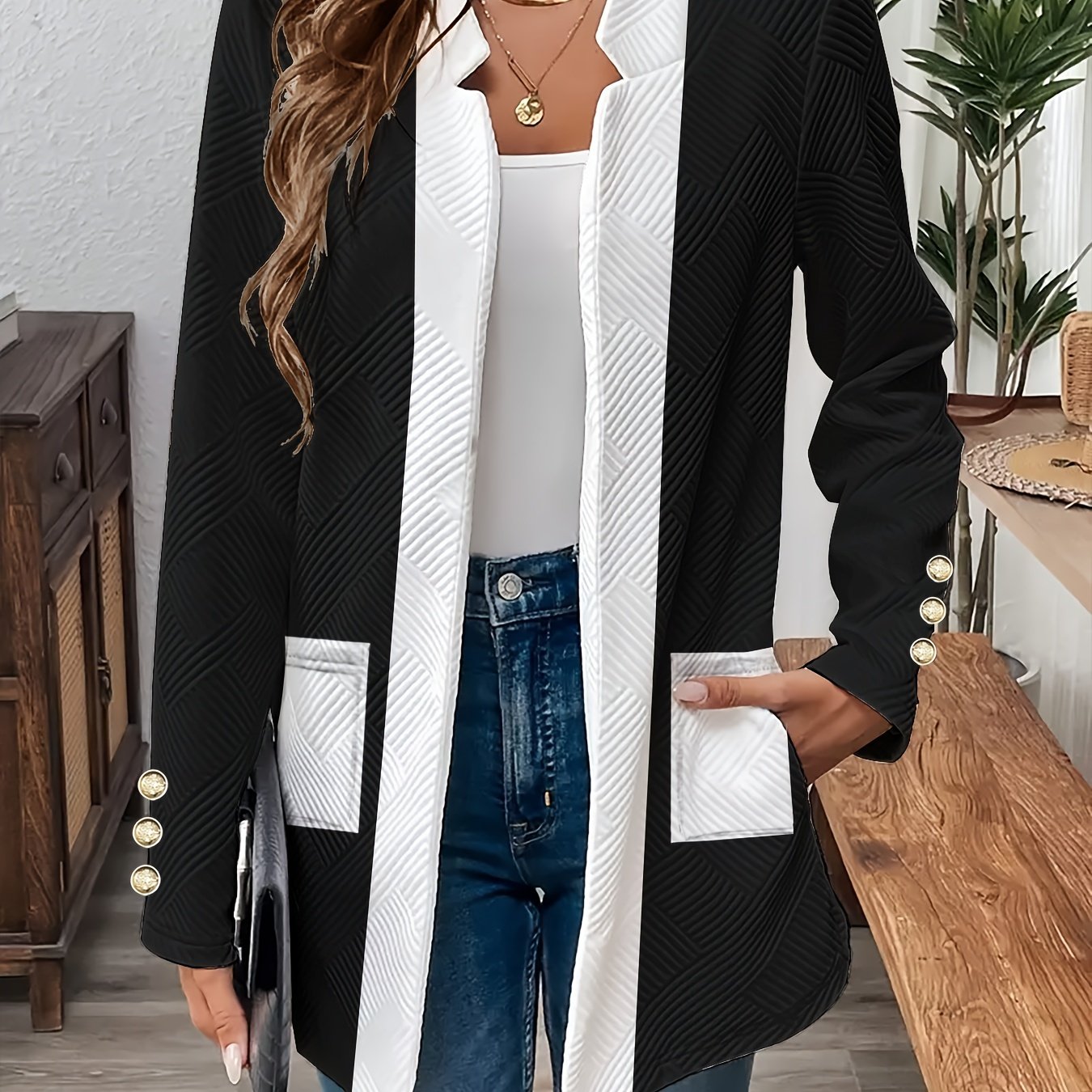 Women's lightweight blazer with pockets, solid color, geometric texture, long sleeve, V-neck, machine washable.