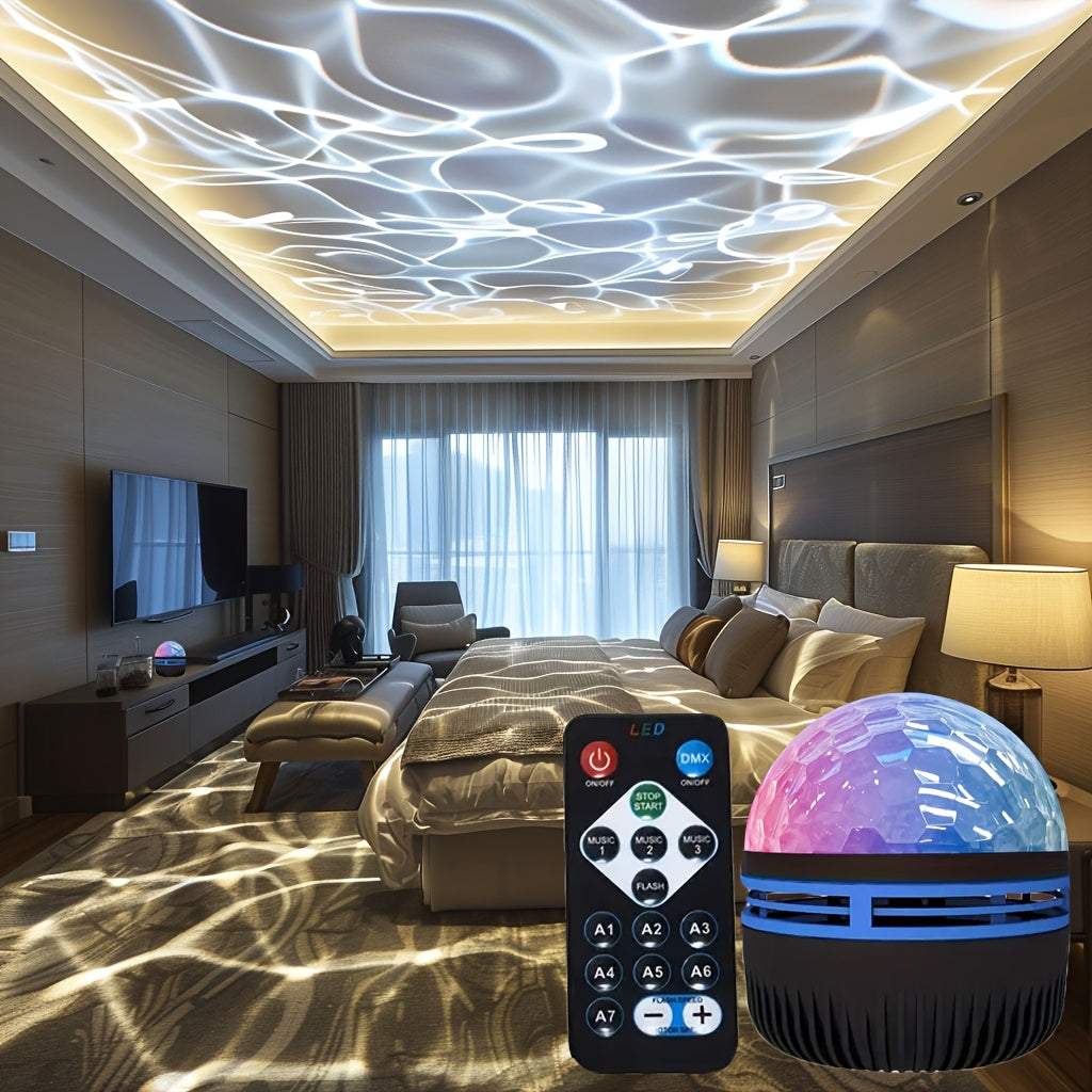 One Water Ripple LED Lamp with Remote Control, USB Powered, Black Plastic Body, Adjustable Lighting for Bedroom, Living Room, Game Room.