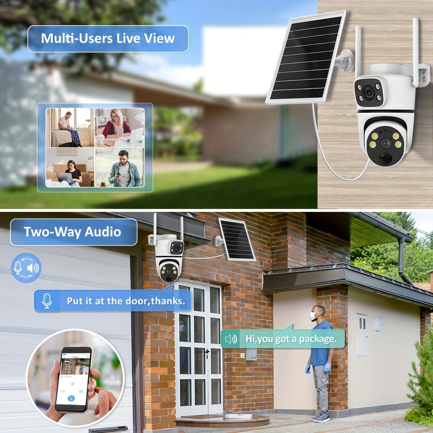 ANYAZHINENG Solar Powered Dual-Lens Security Camera - 1080p HD with PTZ Night Vision, Motion Detection, Two-Way Audio, Wi-Fi Enabled, App Controlled - Ideal for Home and Pet Monitoring (Non-Waterproof)