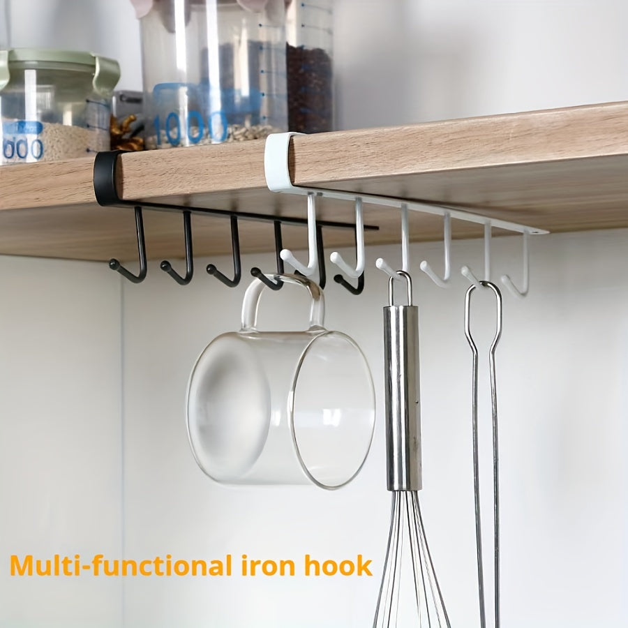 Double row hanging hook cup rack made of cast iron for kitchen cabinet storage without the need for drilling, electricity, or powered usage.