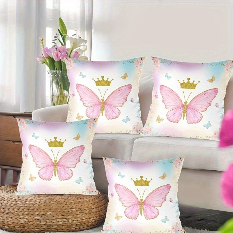 Chic pink and purple butterfly pillow cover made of soft peach skin polyester with zip closure, ideal for living room, bedroom, and party decor.