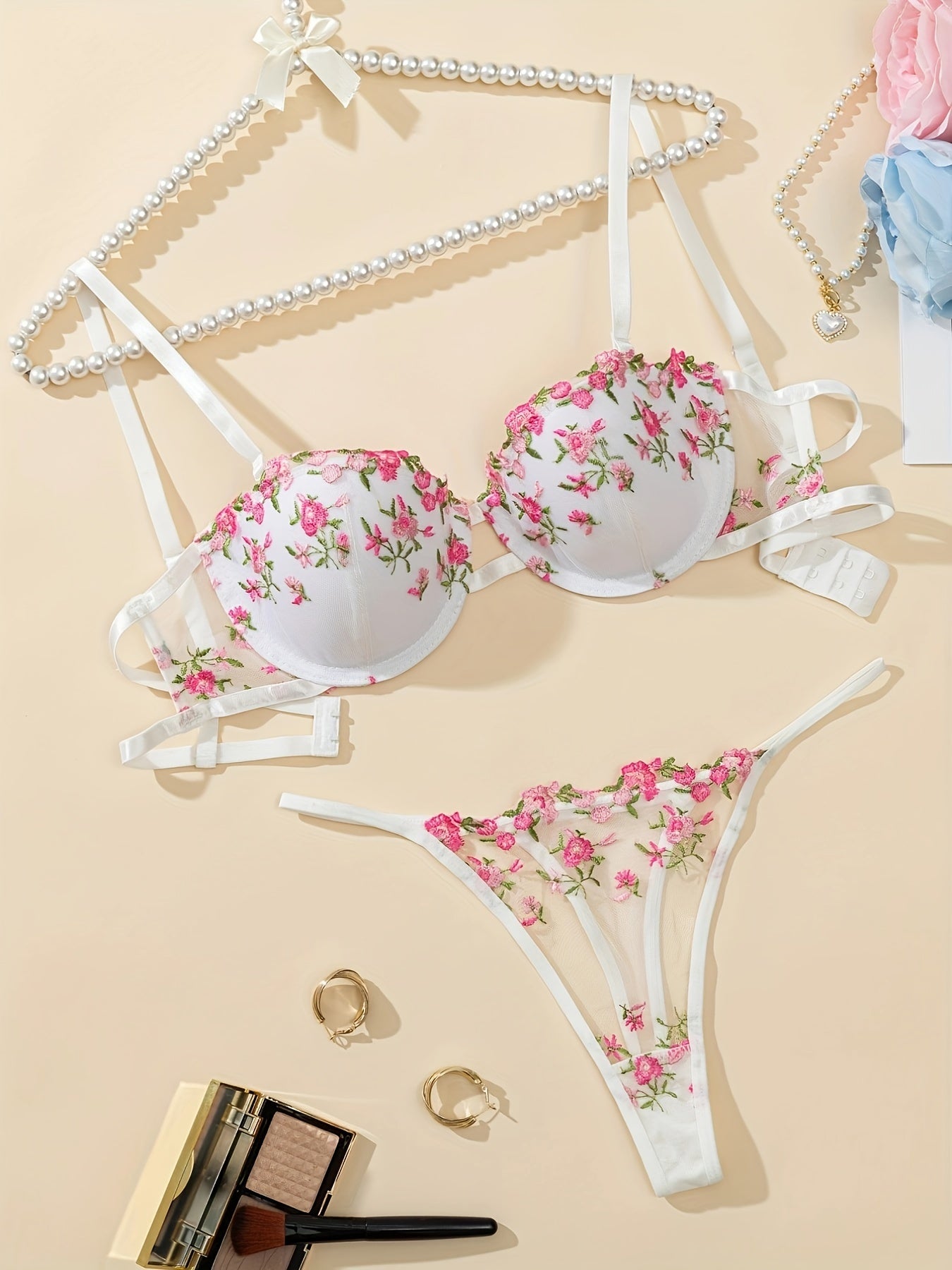 Floral embroidered lingerie set for women - underwire bra & mesh thong, breathable polyester blend, non-removable pads.