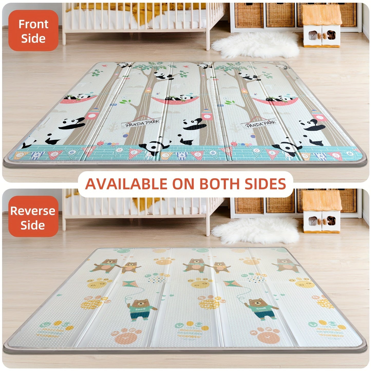 Easily cleanable young kids' play mat with cute panda design, double-sided and foldable, made of non-toxic PE material, perfect for early learning and bedroom playtime, measures 200.66cm x 180.34cm.