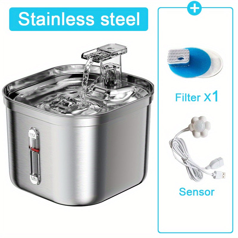 2L Stainless Steel Cat Fountain Water Bowl, Intelligent Cat Water Fountain