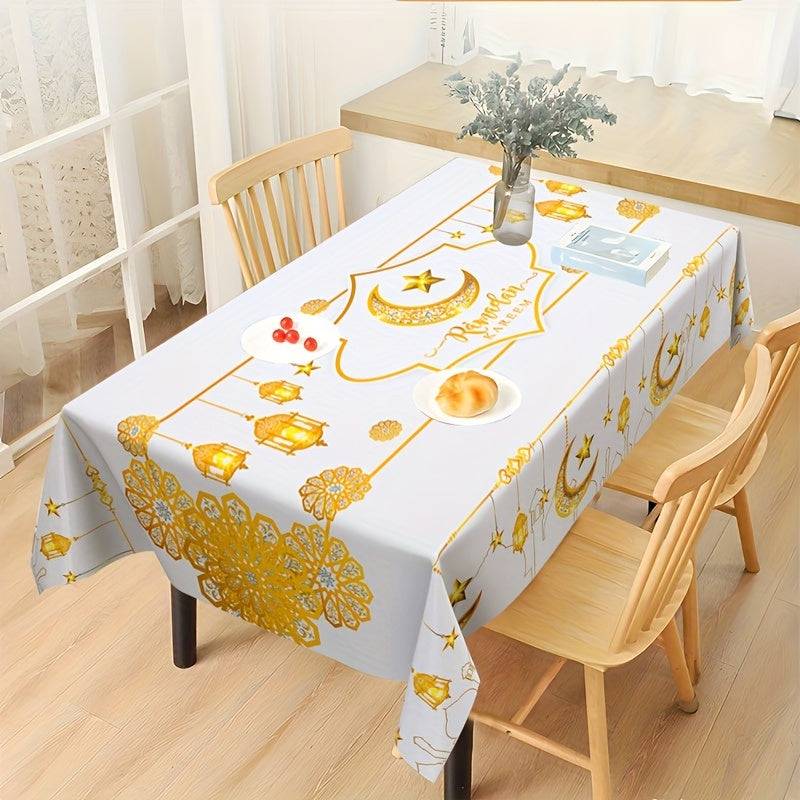 1pc Ramadan Kareem Tablecloth made of polyester, featuring Islamic moon and stars design, perfect for Eid Al-Fitr celebrations and home decor.