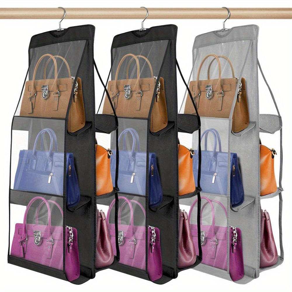 Elegant fabric wall hanging closet organizer with secure pockets in black & dark grey.