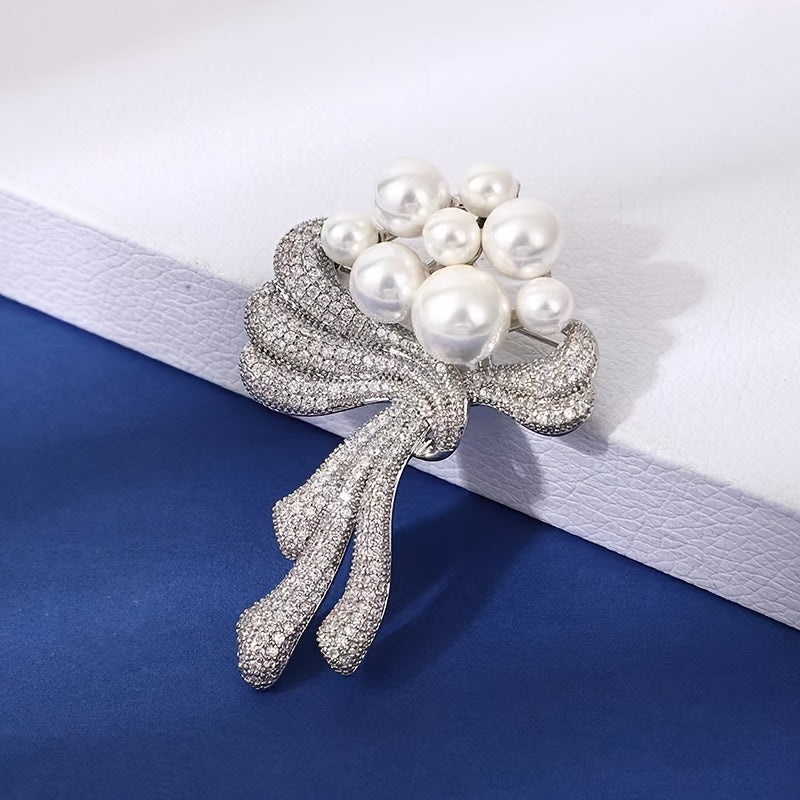 Elegant Rhinestone and Faux Pearl Bouquet Brooch Pin with Sparkling Crystal Flower and Bow Design - Perfect for Women