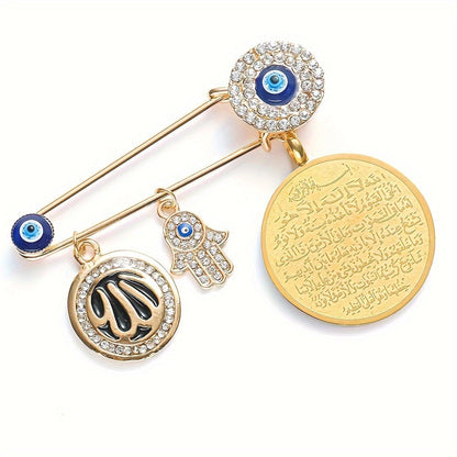 Arabian style Turkish evil eye brooch featuring Fatima hand design, a fashionable and protective amulet for Muslim men. Perfect as a gift for Islamic individuals.