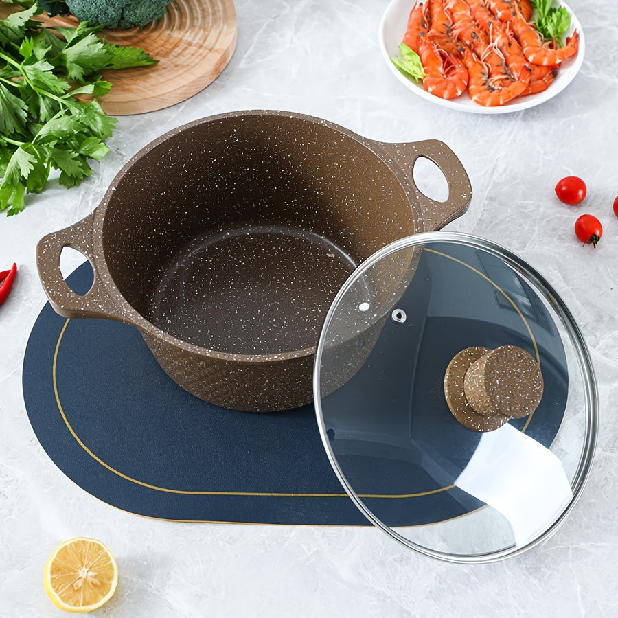 Multi-functional kitchenware set including a soup pot, non-stick frying pan, stew pot, and stir-fry pan in a stylish coffee color, suitable for use on open fire or gas stoves.