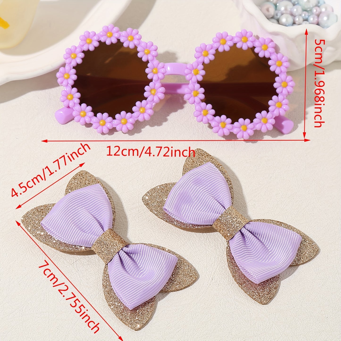 Hair clip and glasses set for women 14+ years old, includes 3 pieces with bow clip and floral glasses in elegant and cute style.