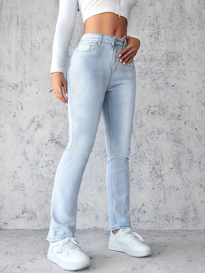 Women's Stretch High-Waisted Straight-Leg Jeans - Light Blue Distressed Denim with Functional Pockets, Half-Button Placket & Invisible Zipper, Versatile Streetwear Style