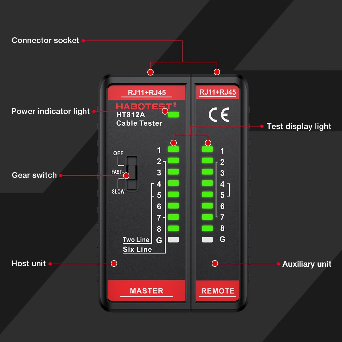 Battery powered HABOTEST Network Cable Tester for RJ45/RJ11/RJ12 CAT5/CAT5E/CAT6/CAT6A.进行连续性和布线测试。Dual-purpose for Ethernet and telephone lines, without battery.