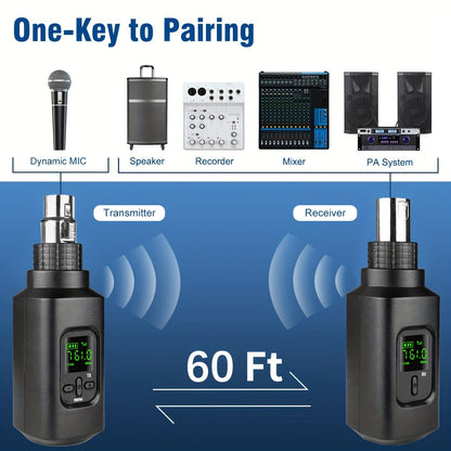 Wireless XLR Transmitter and Receiver with Guitar Transmitter Receiver. Rechargeable mic adapter for dynamic microphone and electric guitar bass. One-click switch between KTV, speech