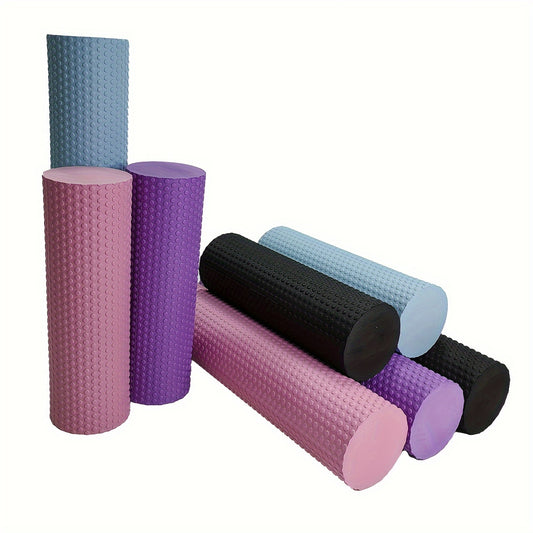 Premium EVA foam roller with textured surface for flexibility and muscle relaxation. Perfect for yoga, pilates, and fitness. Available in purple, blue, and black.