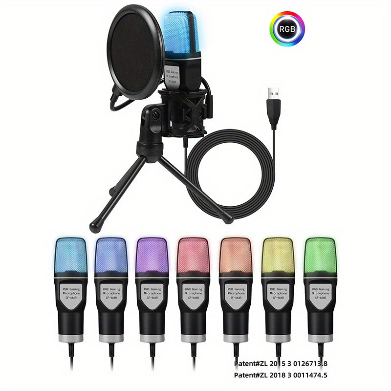 USB condenser microphone with fast mute function, tripod, RGB indicator light, shock absorber, and rotary gain button, ideal for gaming, podcasting, and streaming on PS4/5 or PC.