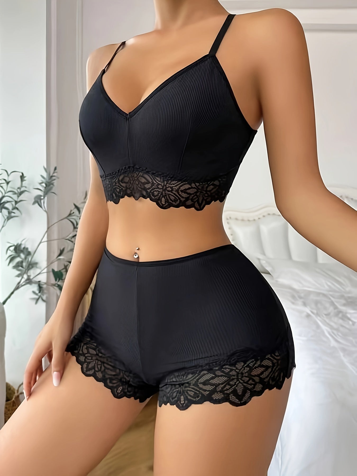 Plain lace trim bra and shorts panty, V neck spaghetti strap buckleless bra and panties lingerie set for women.