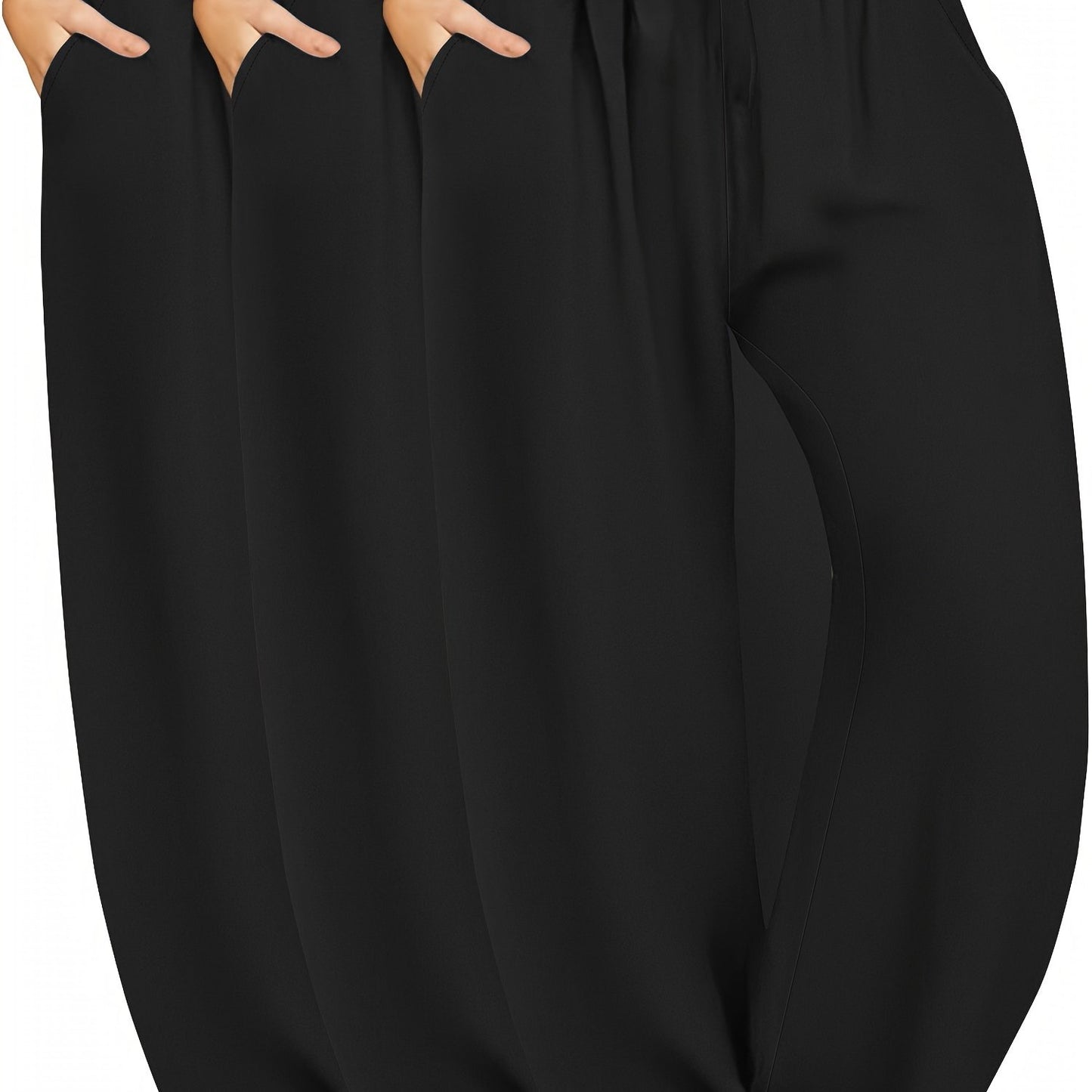 3-Pack of plus size high waist wide leg pants with drawstring and pockets. Made with high stretch knit fabric (88% polyester, 12% elastane) in a solid color, long length suitable for all