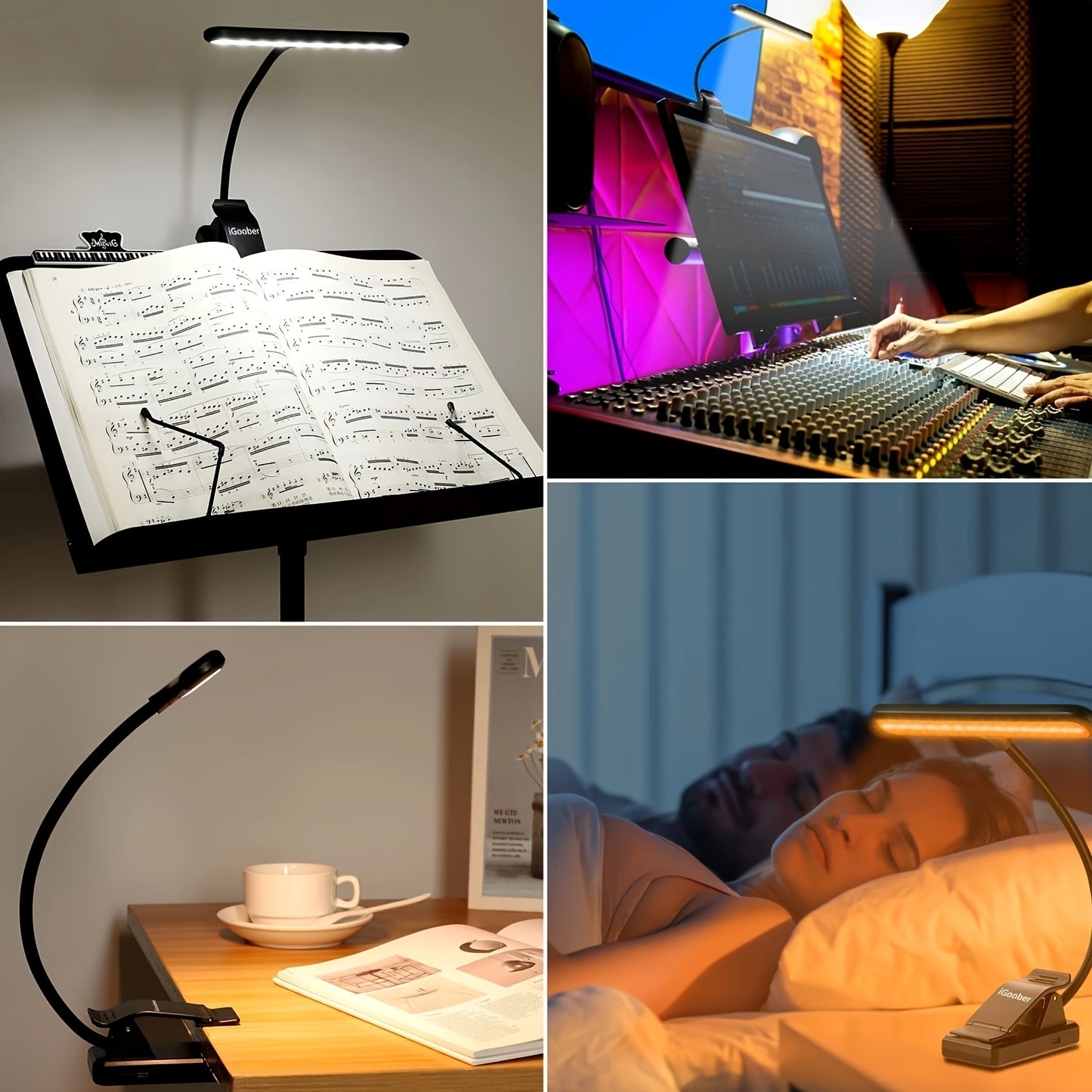 Portable LED music stand light with clip, equipped with 28 LEDs in 4 color modes and 3 brightness levels. Features eye-care technology, blue light blocking, and USB-C rechargeable design for musicians, piano, and keyboard players.