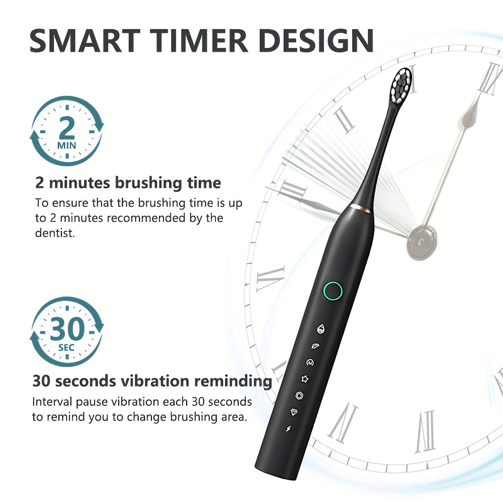 Rechargeable USB electric toothbrush with 6-speed vibration and 28000 VPM power, includes 4 or 8 special soft brush heads for adults.