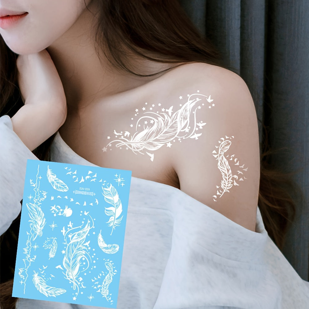 Blue luminous feather and snake tattoo stickers for women and girls, featuring white design. Fake bracelet, necklace, and face, chest, arm, hand, and finger tattoos that glow in the dark.