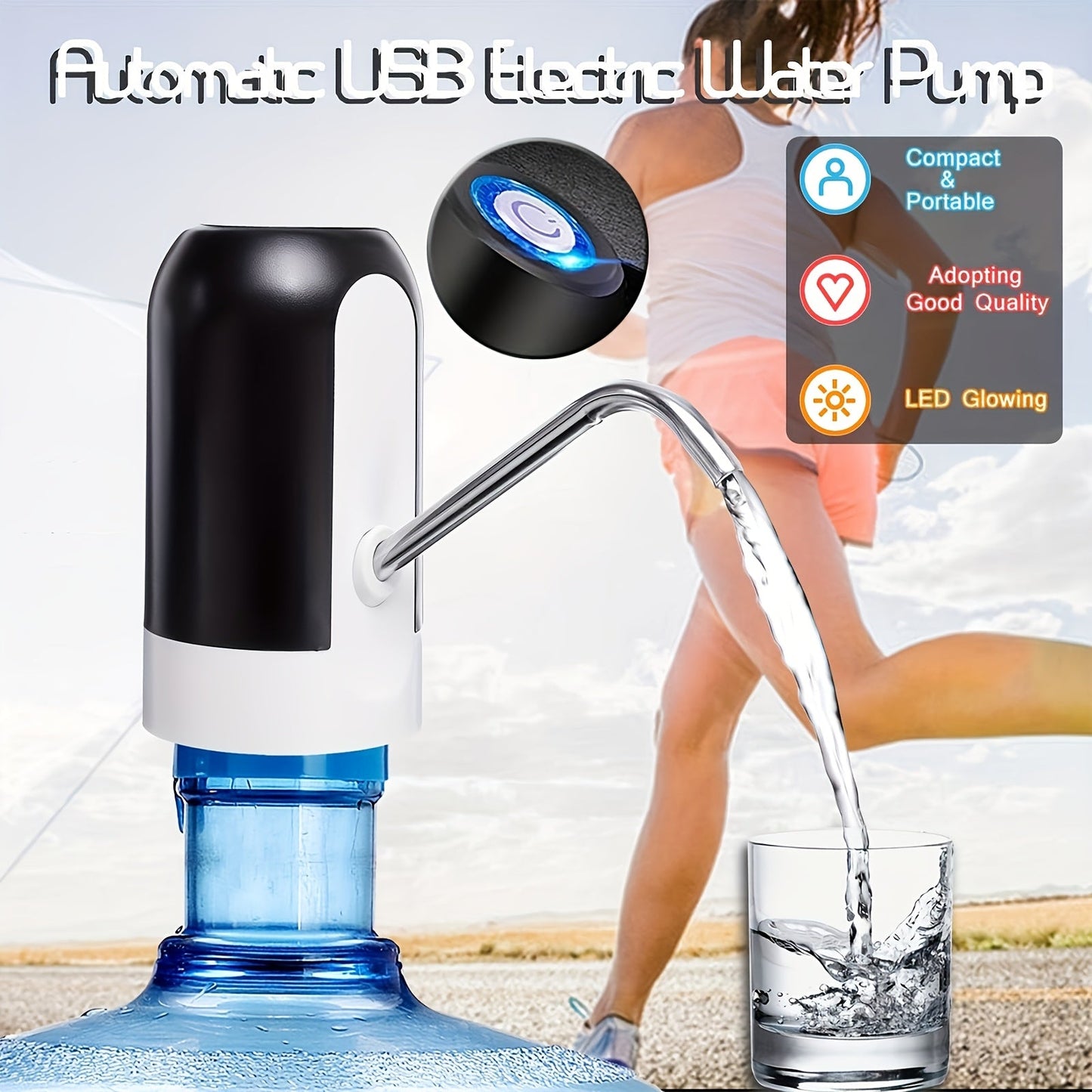 Get the 1pc USB Rechargeable Electric Water Pump for a compact and elegant design that offers easy installation and convenient practicality. Featuring one-button operation and a blue light display, this pump is USB rechargeable and can easily pump around