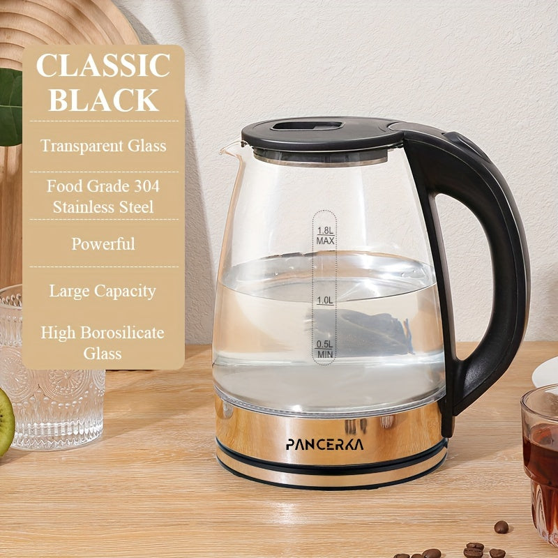 '-1 piece of -PANCERKA- Electric Kettle designed for making coffee and tea. It has a 1.8L capacity and operates at 1500W. Made from durable Borosilicate Glass with an easy-to-clean wide opening. Features include an auto shut-off function, cool touch