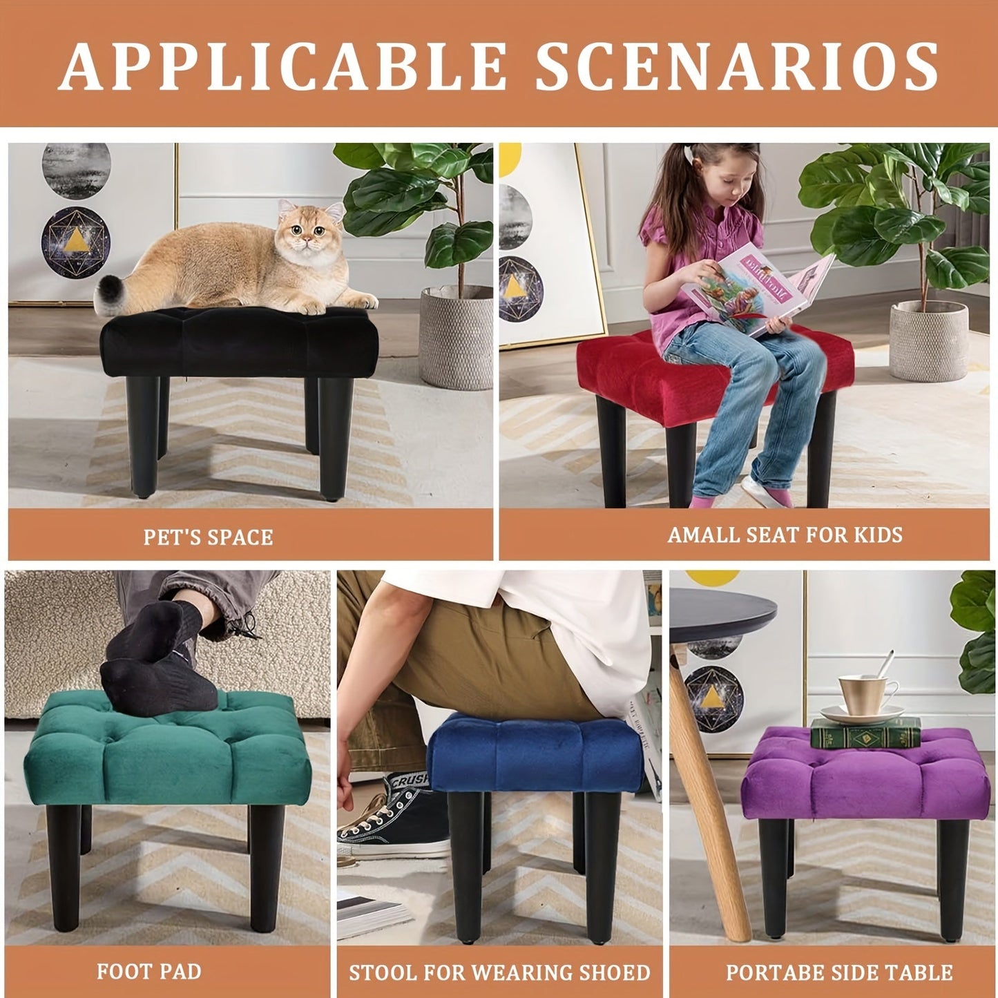 Small Footstool Ottoman, Velvet Soft Ottoman with Wood Legs, Perfect for Extra Seating in Living Rooms, Entryways, and Offices