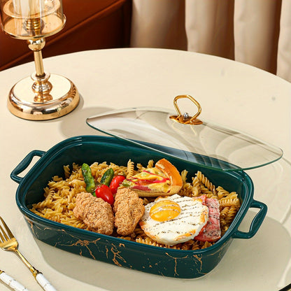 The Nordic Golden Inlay Rectangular Ceramic Casserole with Lid features dual handles and comes in small, medium, and large sizes ideal for cooking and serving.