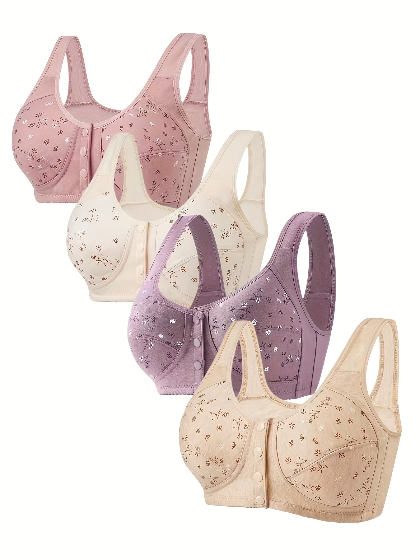 4-pack of mature style wireless bras with front clasp, light padding, and beautiful back design.