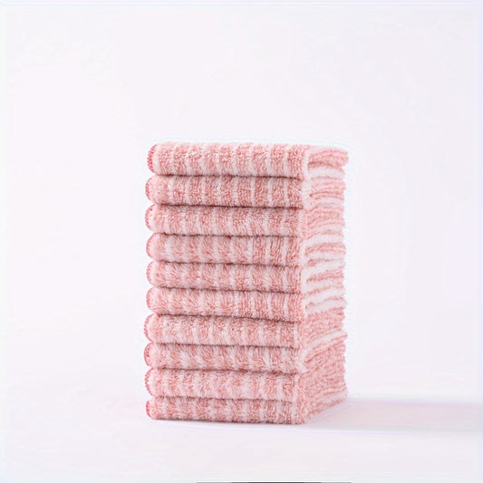 10pcs Random Color Washcloth Set made of soft and absorbent coral fleece for household cleaning. Ideal for home bathroom, dishwashing, and kitchen cleaning.