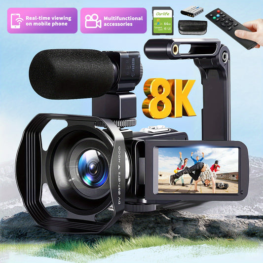 8K & 64MP CMOS Image Sensor Camera with handheld HD recorder, 18x digital zoom, audio microphone, 3-inch touchscreen, infrared night vision, WiFi connectivity, remote control, and 64GB card