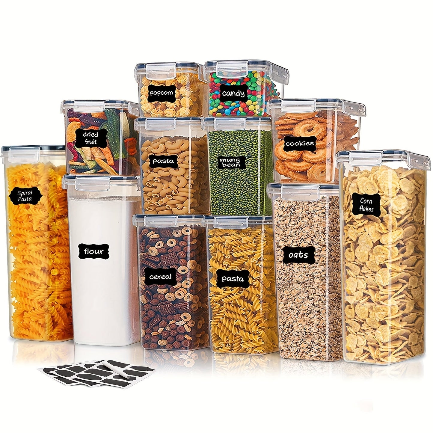 A set of 6 or 12 Airtight Food Storage Containers comes with Lids and Labels. These Plastic BPA Free Kitchen Storage Containers are perfect for storing Dry Food such as Flour, Sugar, Cereal, Pasta, Tea, Nuts, and Coffee Beans. They are ideal for keeping