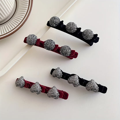 Set of 4 sparkling crystal stone braided hair clips for women, in duckbill hair barrette style.