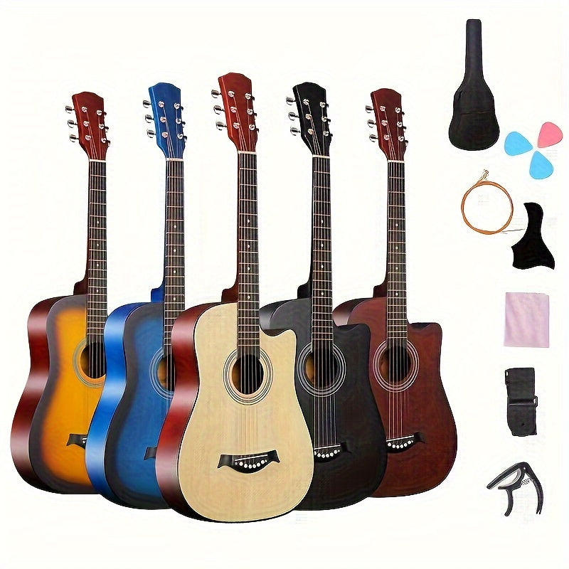 Beginner kit for a 96.52 cm acoustic guitar, featuring a basswood panel with matte finish, 18 frets, and includes bag, picks, strings, and strap.