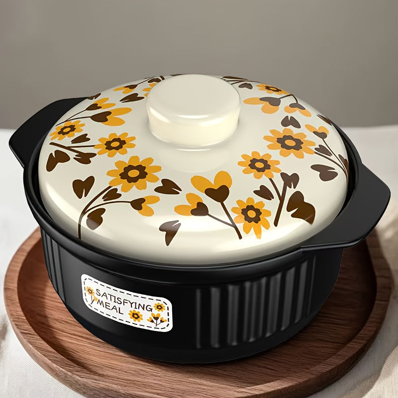 Ceramic casserole dish with sunflower design, 3400ml capacity, round shape, dishwasher safe. Ideal for stew, soups, and other dishes. High temperature resistant, suitable for use on gas stoves. Crack-resistant and explosion-proof.