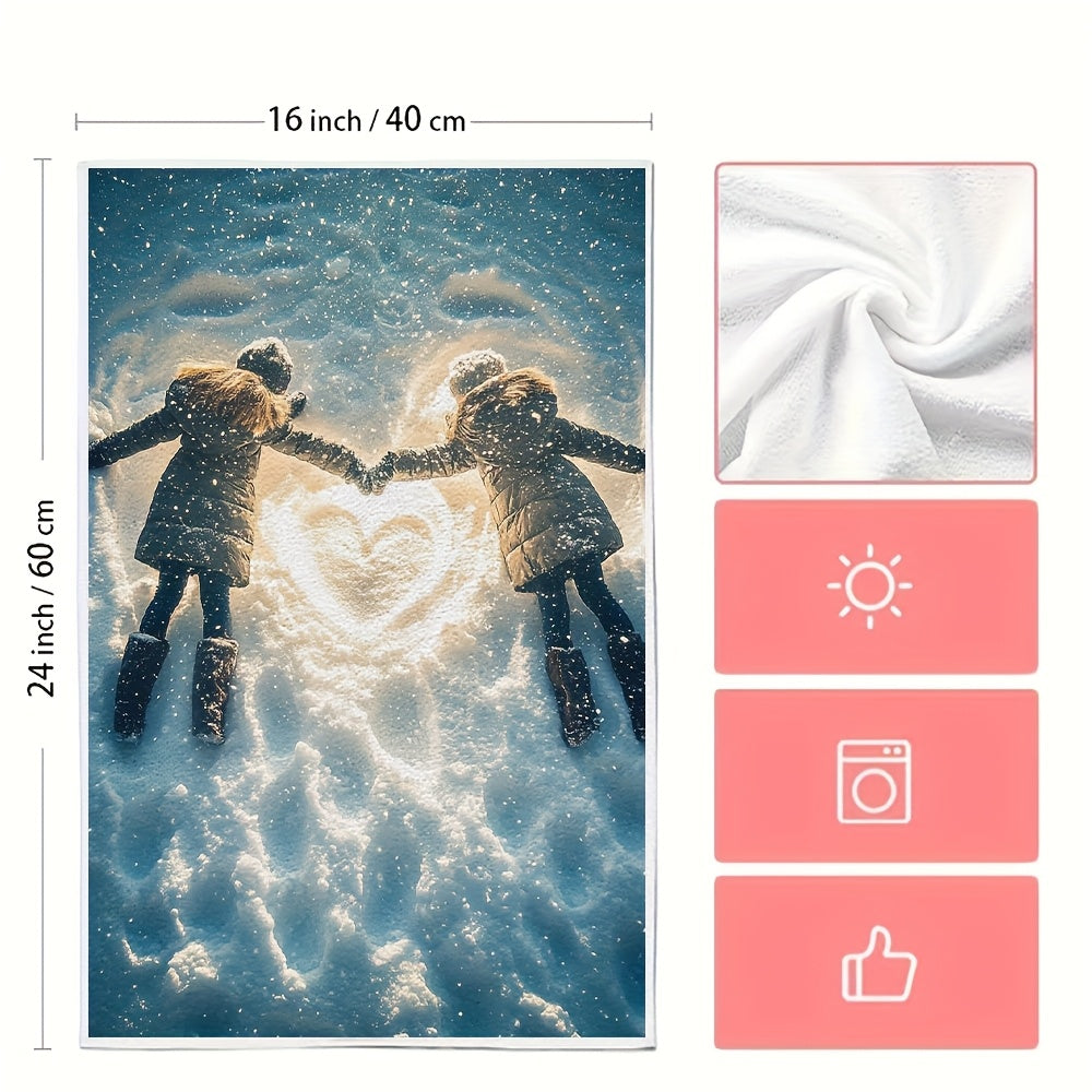 This set includes 2 ultra-soft kitchen towels, ideal for making snow angels on a snowy day. Each towel features a heart design in between. These highly absorbent dish and hand towels are perfect for holiday decorations and are machine washable. Each