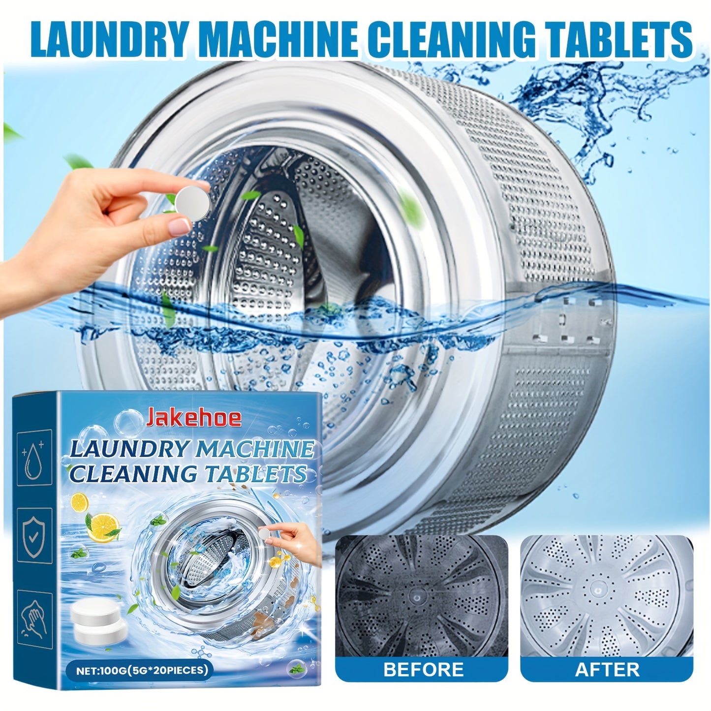 20 pieces of effervescent tablets for washing machine cleaning that eliminate odors and stains, leaving clothes and drum fresh.