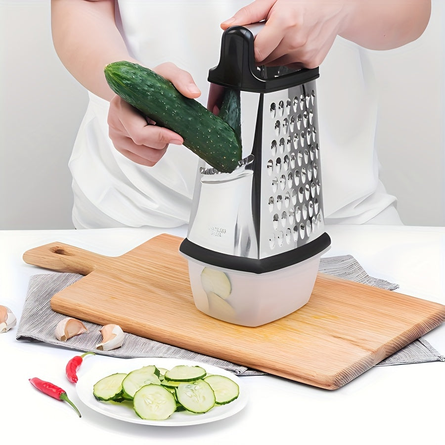 1 piece of a versatile stainless steel box grater for vegetables, cheese, ginger, garlic, and potatoes. Features a serrated shredder and slicer for various kitchen uses. A must-have kitchen tool for all your cooking needs. Perfect addition to your