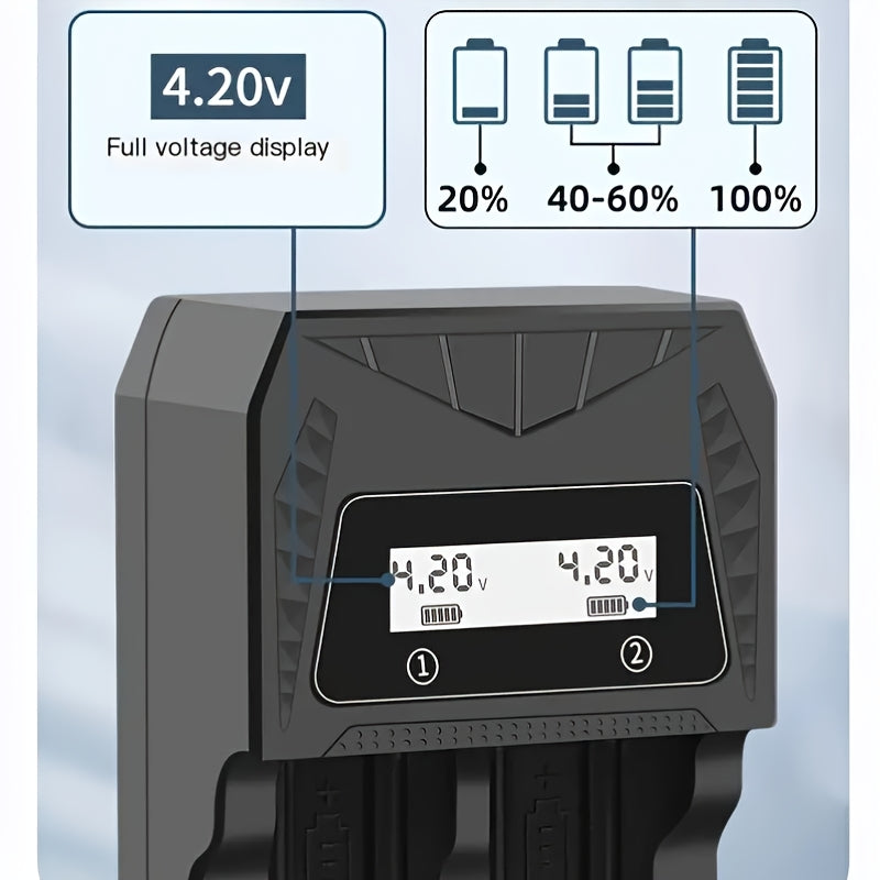 Universal USB Lithium Battery Charger compatible with various rechargeable batteries, with full voltage display.