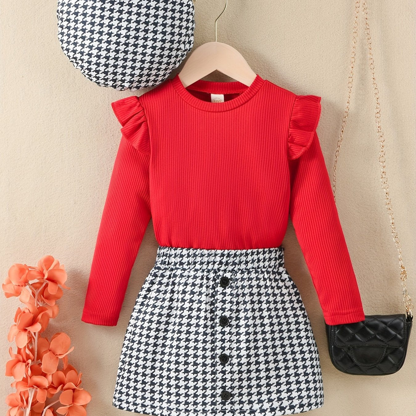 Girls' Ruffle Trim Tee & Houndstooth Skirt Set with Hat