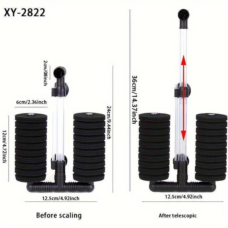 Silent dual sponge biochemical filter for fish tanks with easy setup and strong suction cups. Air pump and tube not included.