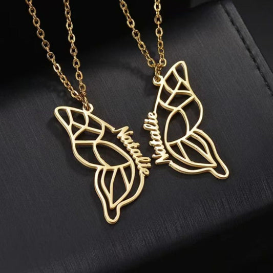 New for 2025, this stylish Butterfly Pendant Necklace features a custom engraved hollow letter design. Made of 18K golden plated stainless steel, this elegant and simple accessory is perfect for couples and best friends. A great fashion gift for any