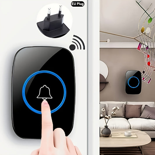 Wireless home doorbell with plug-in receiver, 304.8m range, adjustable volume up to 110dB, 60 melodies, LED flashing light, European plug, ideal for various locations.