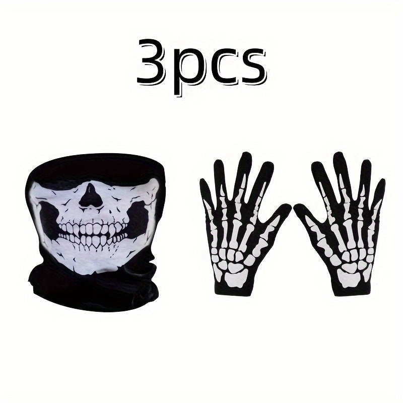 Adults' 3-Piece Skeleton Pattern Neck Gaiter and Gloves Set - Includes Breathable Multi-Use Skull Mask Scarf and Bone Print Gloves for Halloween Costume, Dance Parties, Street Style – Made of Polyester Fiber, Hand Washable