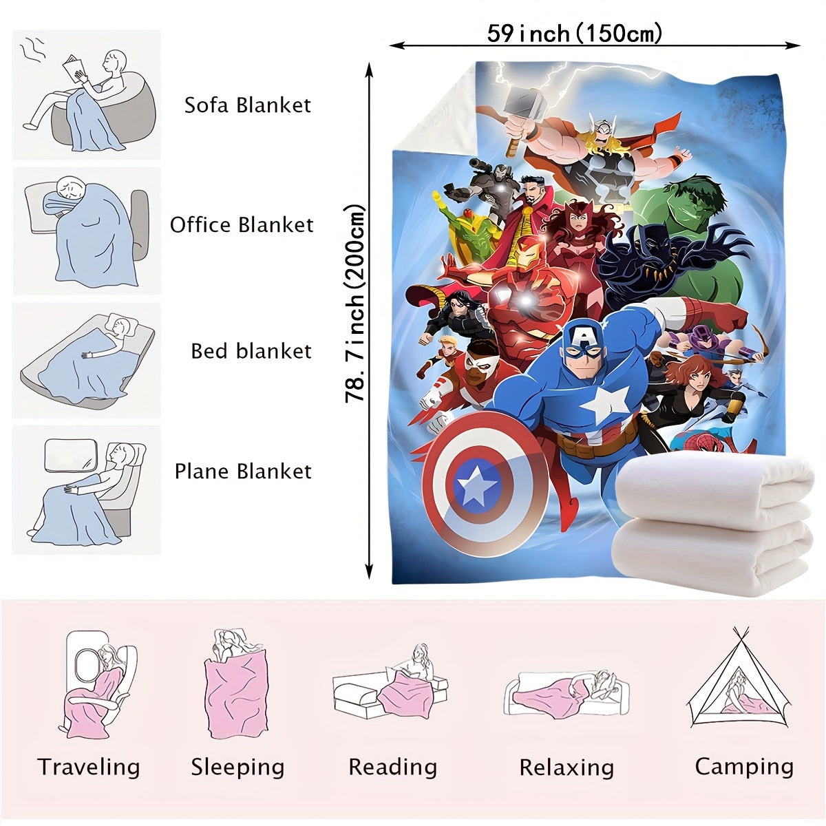 Gather your favorite superheroes and bring light to any room with our dynamic blankets! From Captain America and The Hulk to Thor and Spider-Man, protect your cozy home and enjoy happy times. Our collection features a variety of blankets including