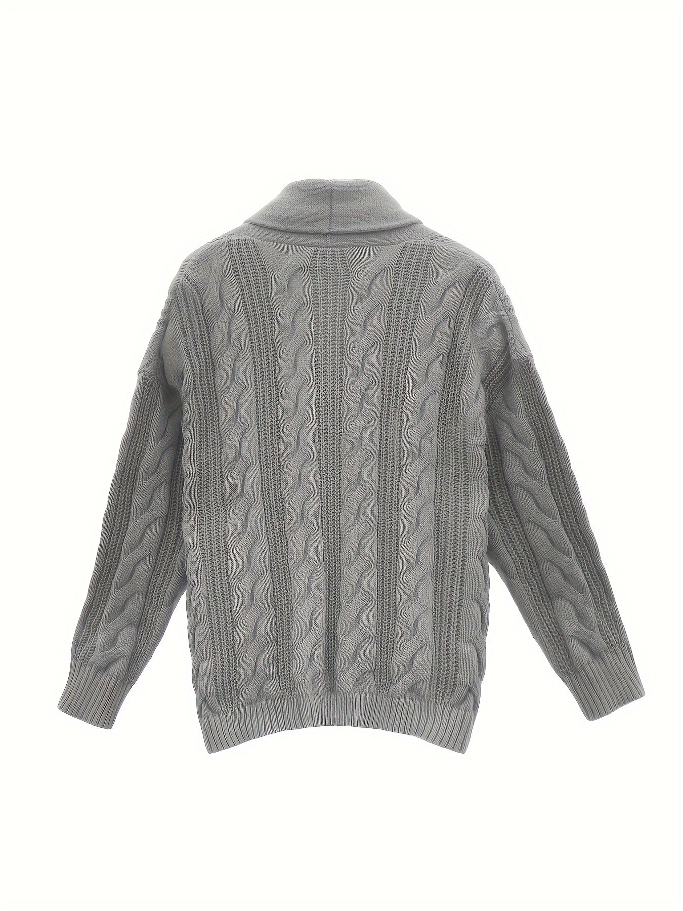 Men's casual knit polyester cardigan sweater in solid color with long sleeves, drop shoulder, lapel collar, button details; ideal for fall/winter layering. Features a classic, relaxed fit