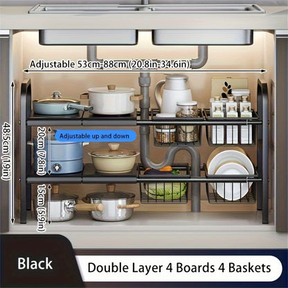 Modern black metal storage rack set with removable baskets for kitchen and bathroom organization. Multi-tier design for efficient space utilization.