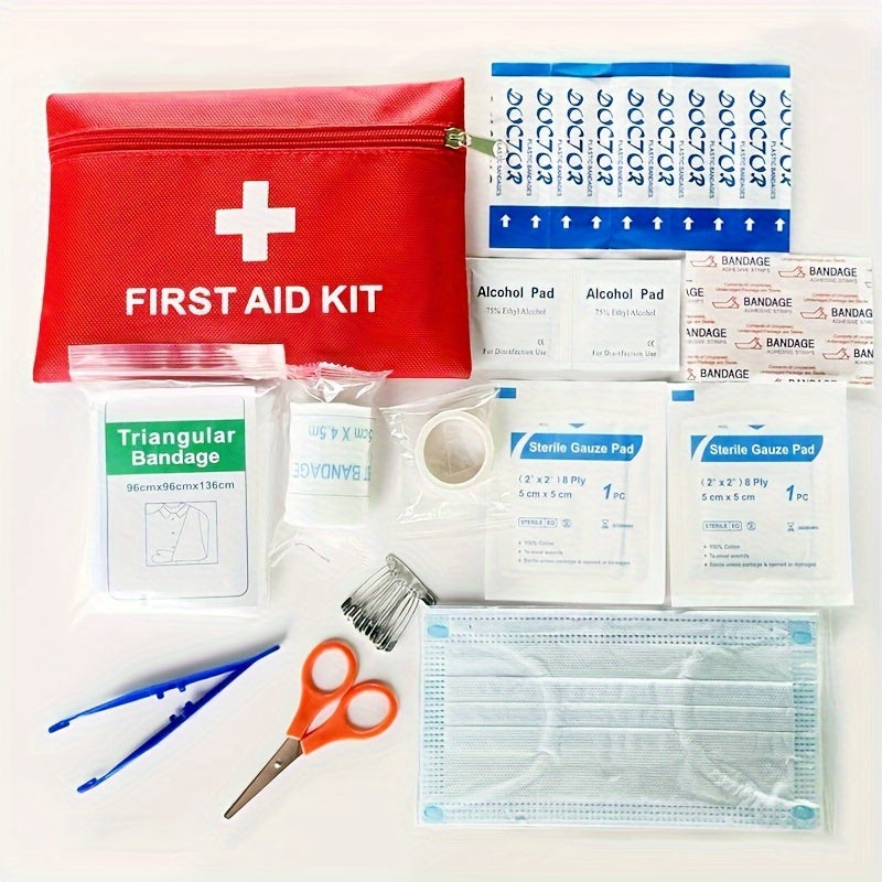 Compact and durable first aid kit, perfect for home, car, camping, and hiking, includes scissors, tweezers, and essential emergency supplies for school, adventure, and disaster response.