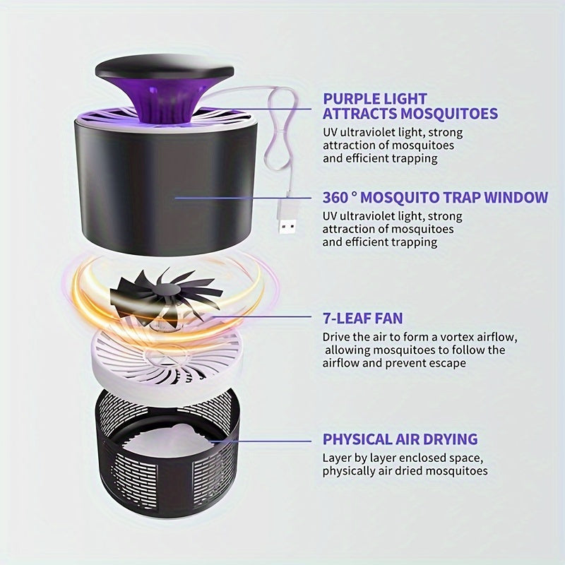 Sleek black USB-powered mosquito repellent lamp with low-decibel operation.Silent, automatic indoor device safe for youngsters and elderly.