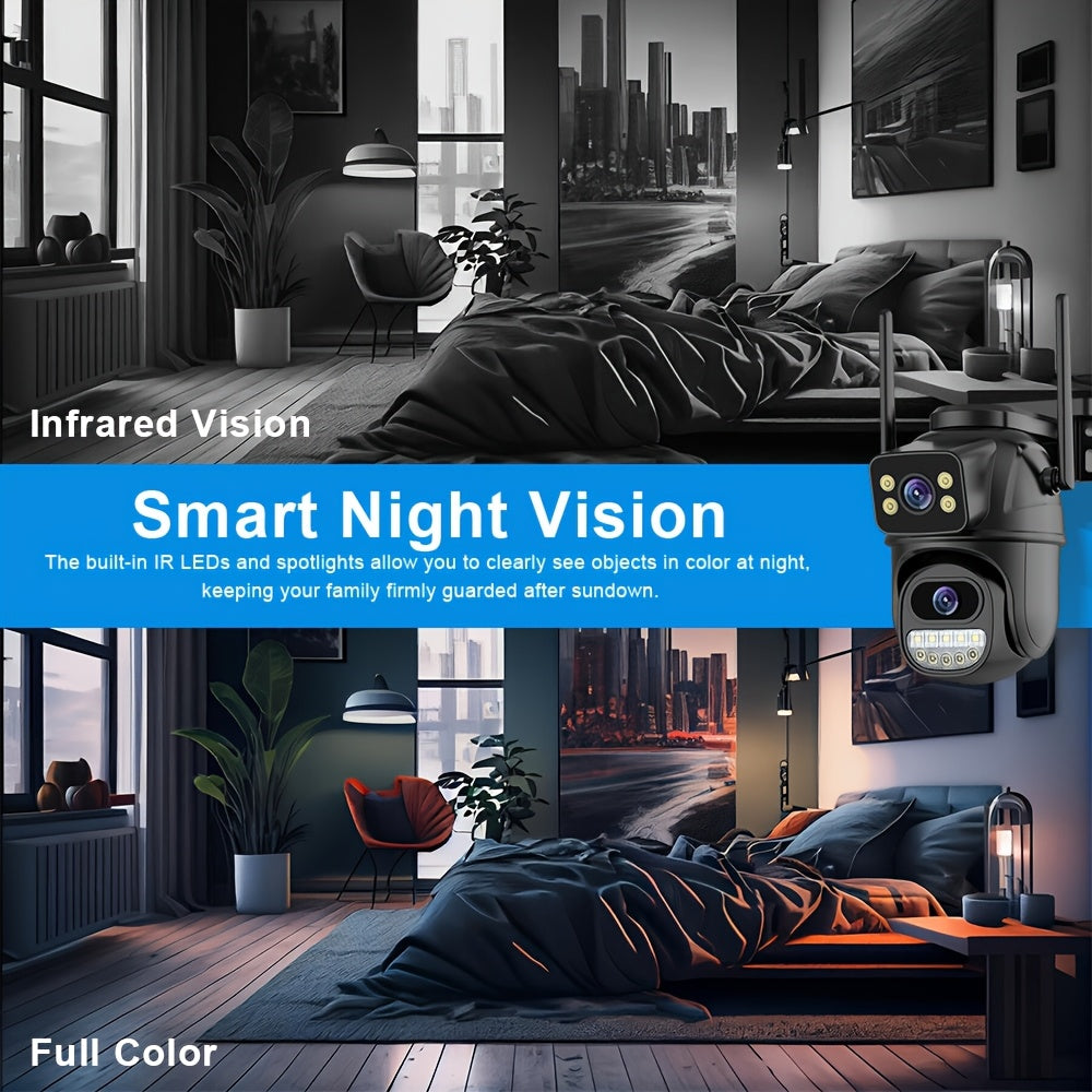 4K Wireless PTZ security camera with auto-tracking, dual lens, two-way audio, color night vision, SD card & cloud storage, automatic exposure, European plug, 1080p video capture resolution.